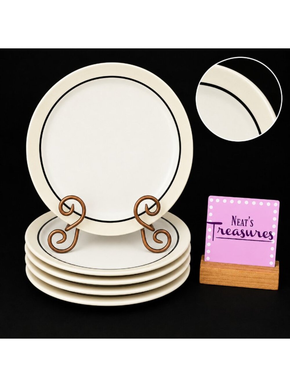 Vintage Homer Laughlin D-84 Beige Center Brown Tan Ring Dinner Plates Set of 5